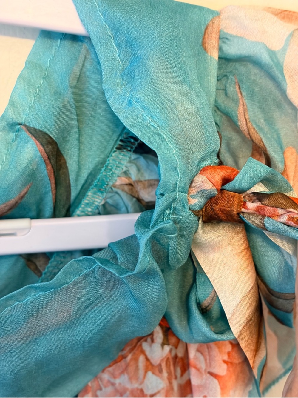ELENA BALDI Silk Floral Turquoise Cap-Sleeve Blouse - Picture 2 of 5